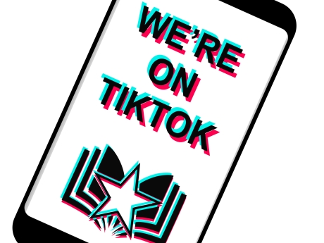 Cell phone with the words "We're on TikTok" and the MCPL logo in the style of the TikTok logo