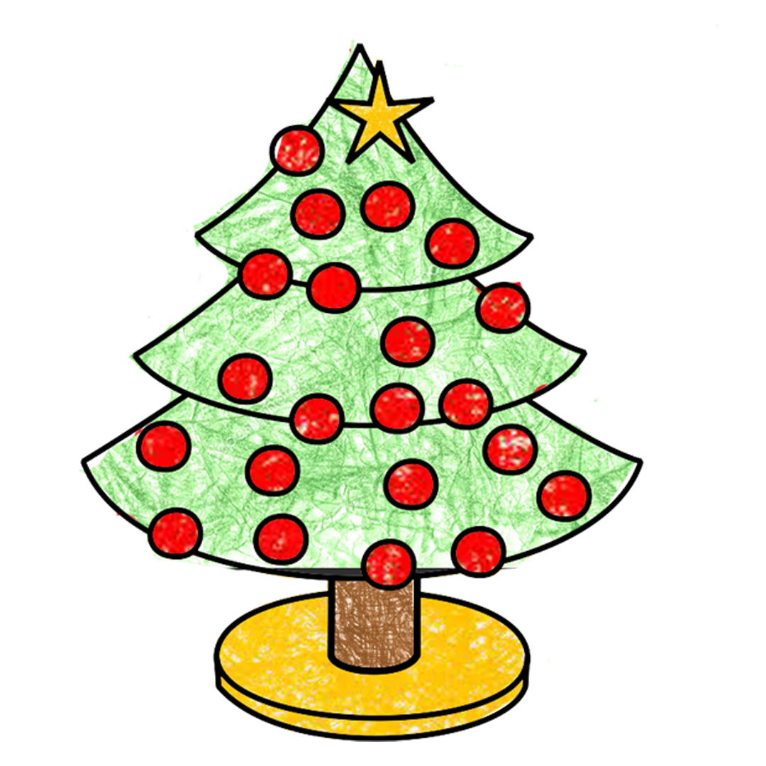 a colored in coloring sheet featuring a Christmas tree