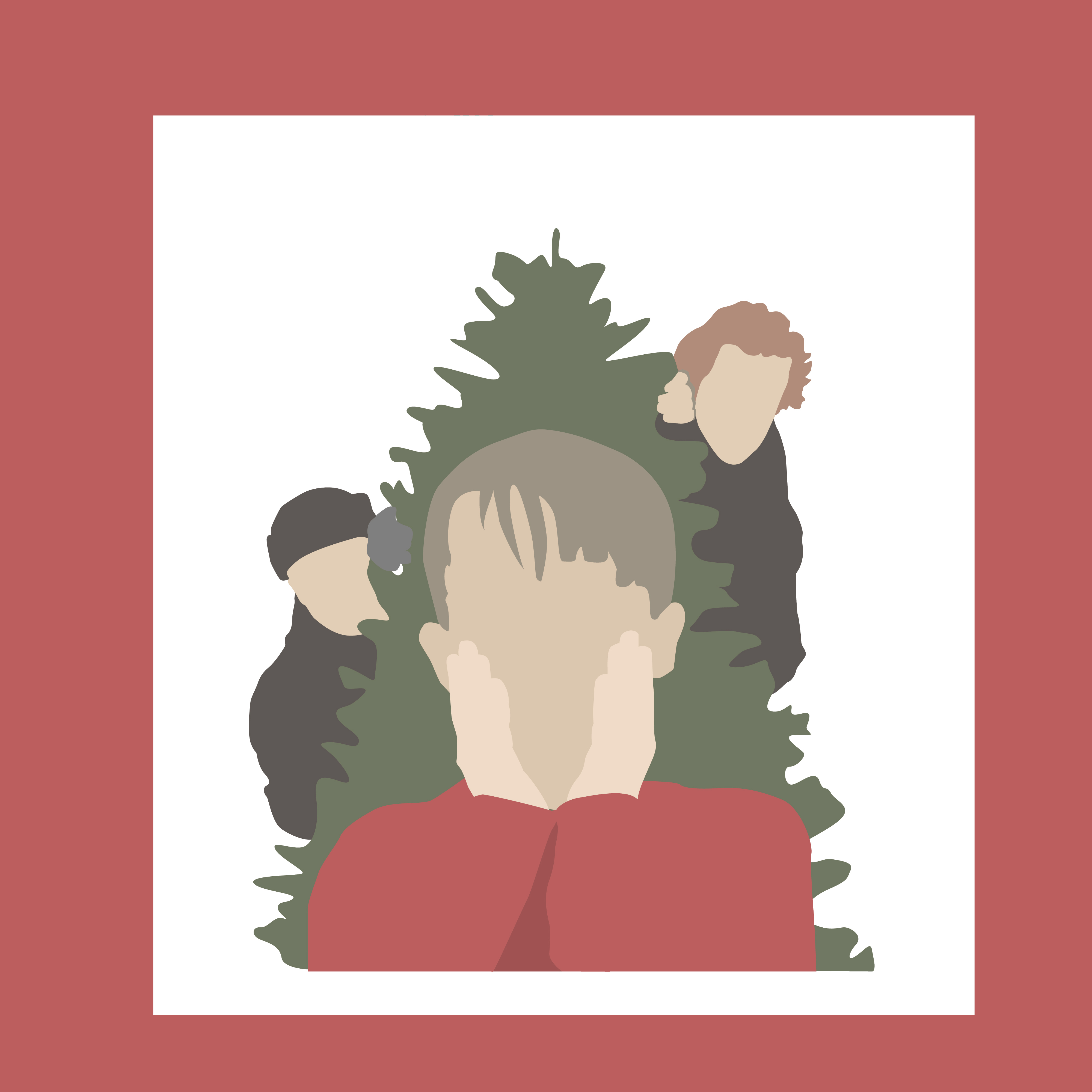 Illustration of a child in front of a Christmas tree, his hands on his face. In the background are two men, one short with a hat, and the other tall.