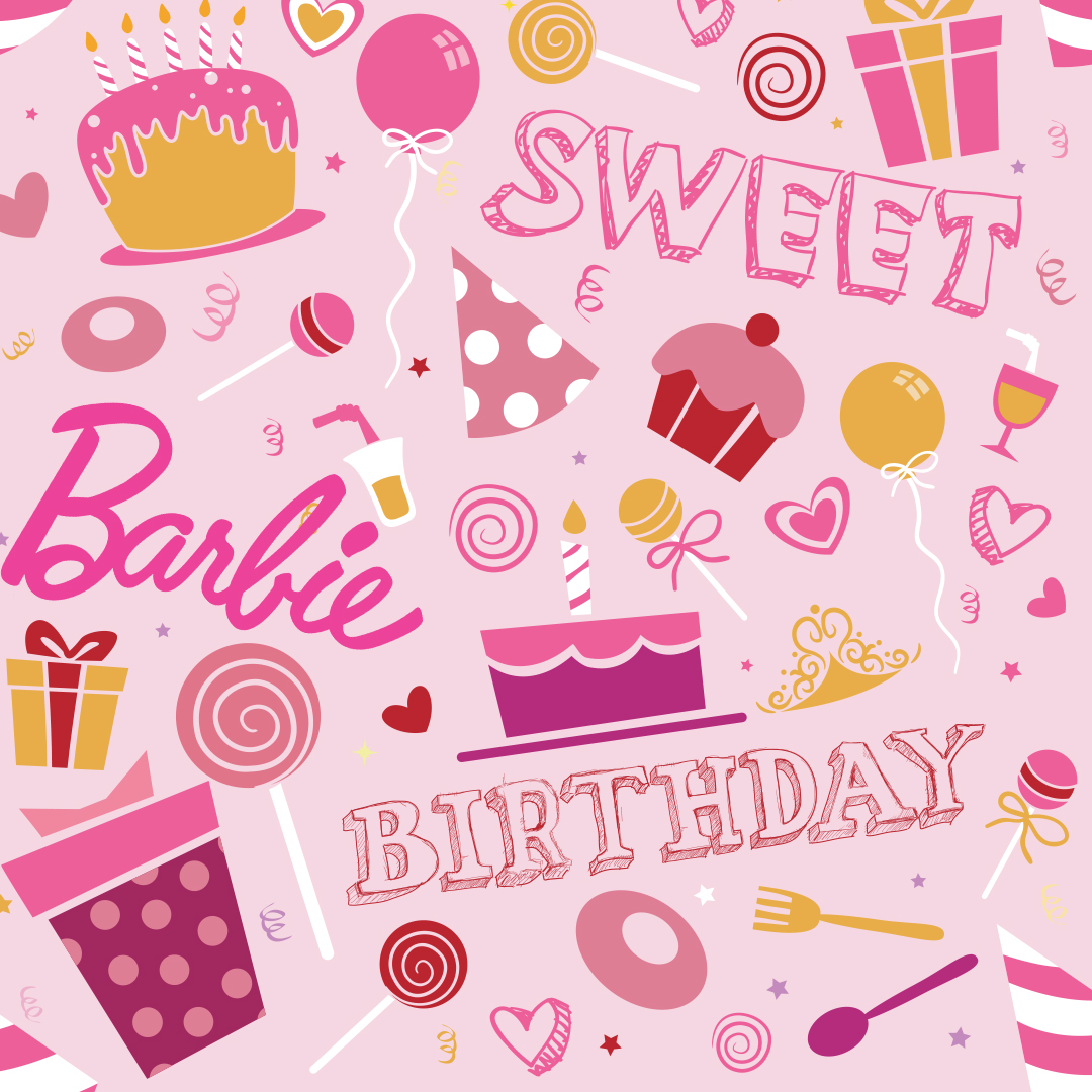 pink background with pink birthday-themed images including cake, cupcakes, party hats, presents, and confetti. The words "sweet," "birthday," and "Barbie" also appear.