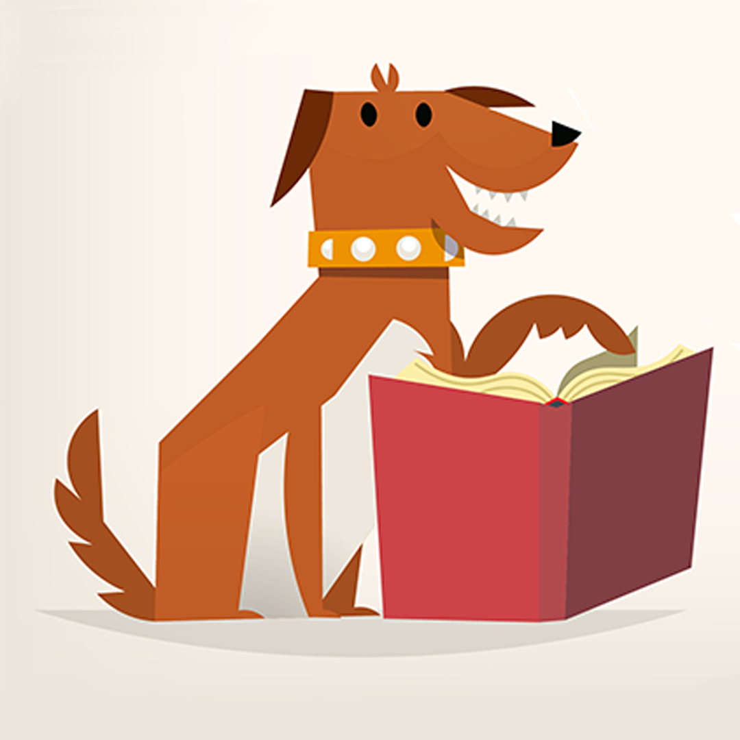 illustration of a dog reading a book
