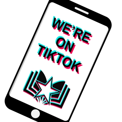 Cell phone with the words "We're on TikTok" and the MCPL logo in the style of the TikTok logo