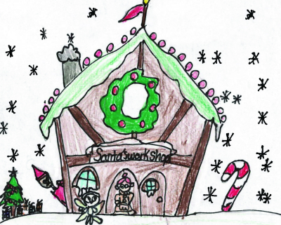 A child's illustration of Santa's Workshop with an elf, Mrs. Claus, and Merry the Christmas Fairy