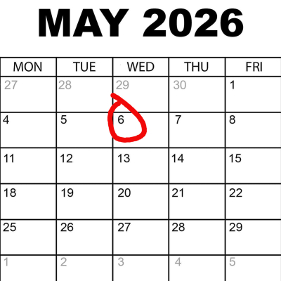 A calendar of May 2026 with the 6th circled in red