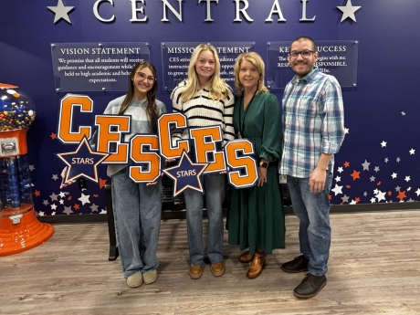 Marshall County Leadership Class, Kadence Cavitt and Briley Cathey along with CES principal Jill Darnall and library staff member, Nick Adams.