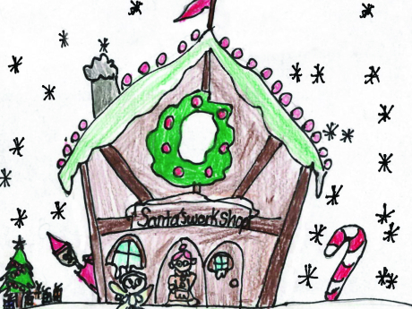 A child's illustration of Santa's Workshop with an elf, Mrs. Claus, and Merry the Christmas Fairy