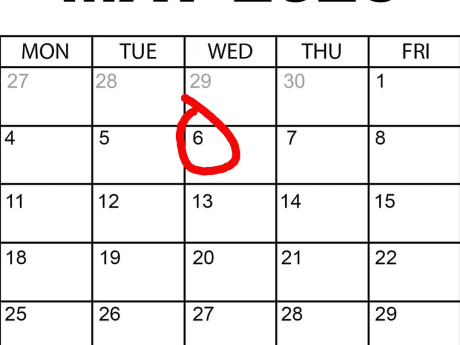 A calendar of May 2026 with the 6th circled in red