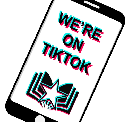 Cell phone with the words "We're on TikTok" and the MCPL logo in the style of the TikTok logo