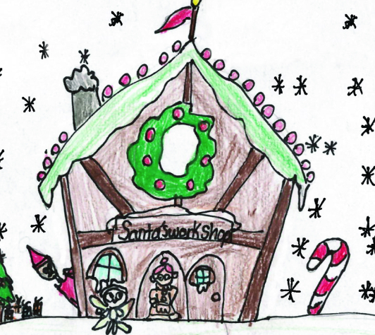 A child's illustration of Santa's Workshop with an elf, Mrs. Claus, and Merry the Christmas Fairy