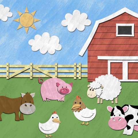 illustration of a farm. There is a barn in the background and various farm animals in the foreground.