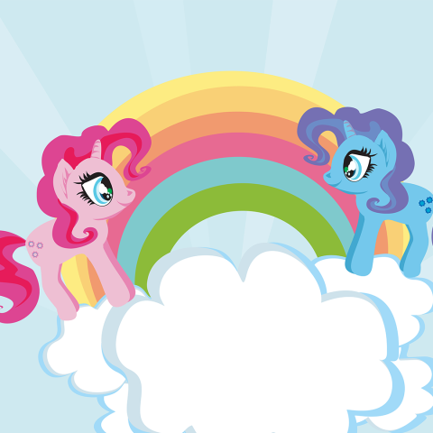 Illustration of two brightly-colored ponies, a cloud, and a rainbow