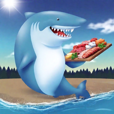 illustration of a shark holding a charcuterie board