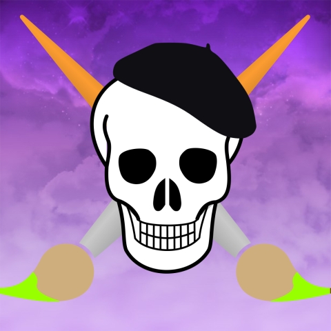 a skull wearing a beret atop a pair of crossed paintbrushes