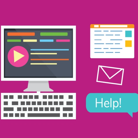 an illustrated computer and mail icon with a word bubble that says, "help"