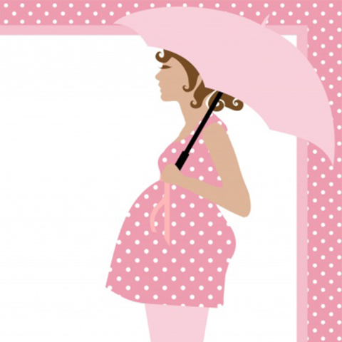 Illustration of a visibly pregnant woman holding an umbrella