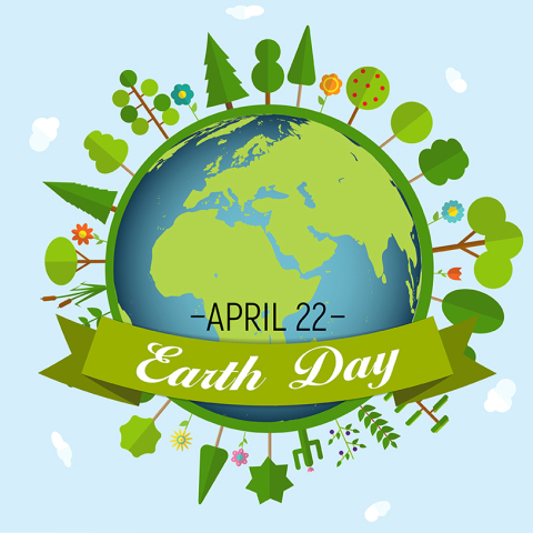 illustration of the earth with trees all around it and the words, "April 22. Earth Day."
