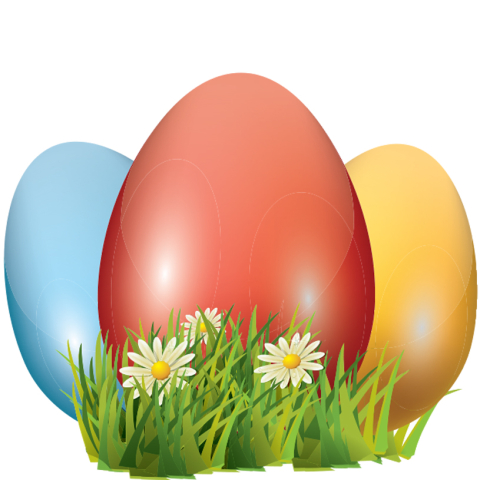 illustration of three Easter eggs (red, blue, and yellow) in the grass