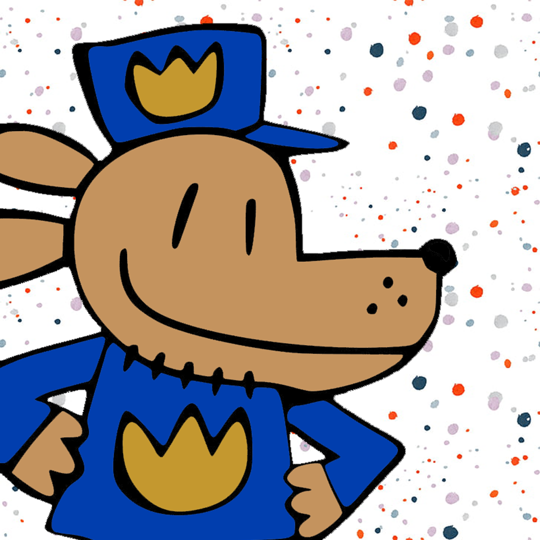 Dog Man with a confetti background