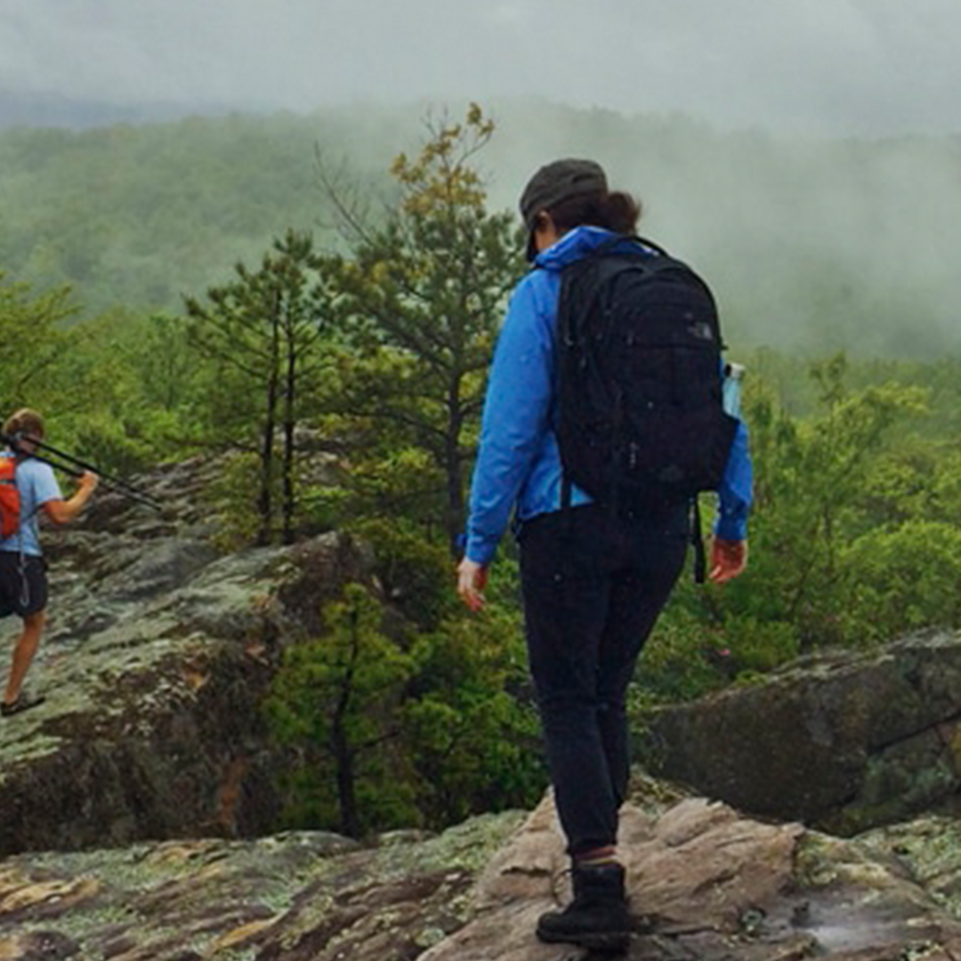 Hiker on a cliff overlooking a green forest 