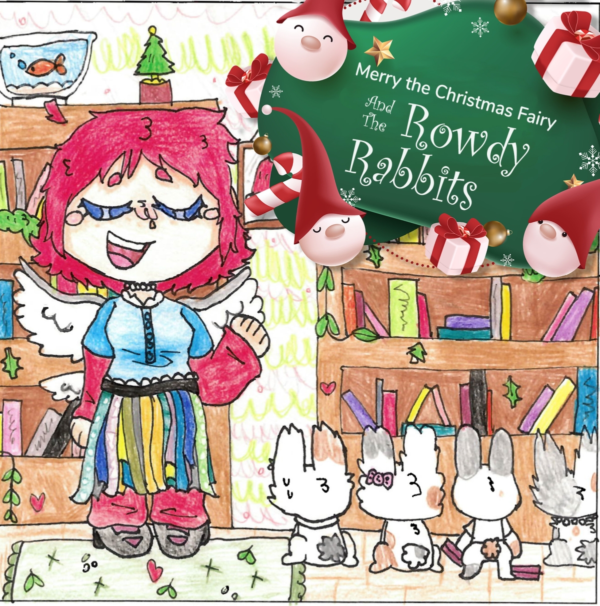 Illustration of Merry the Christmas Fairy in her library with four bunnies