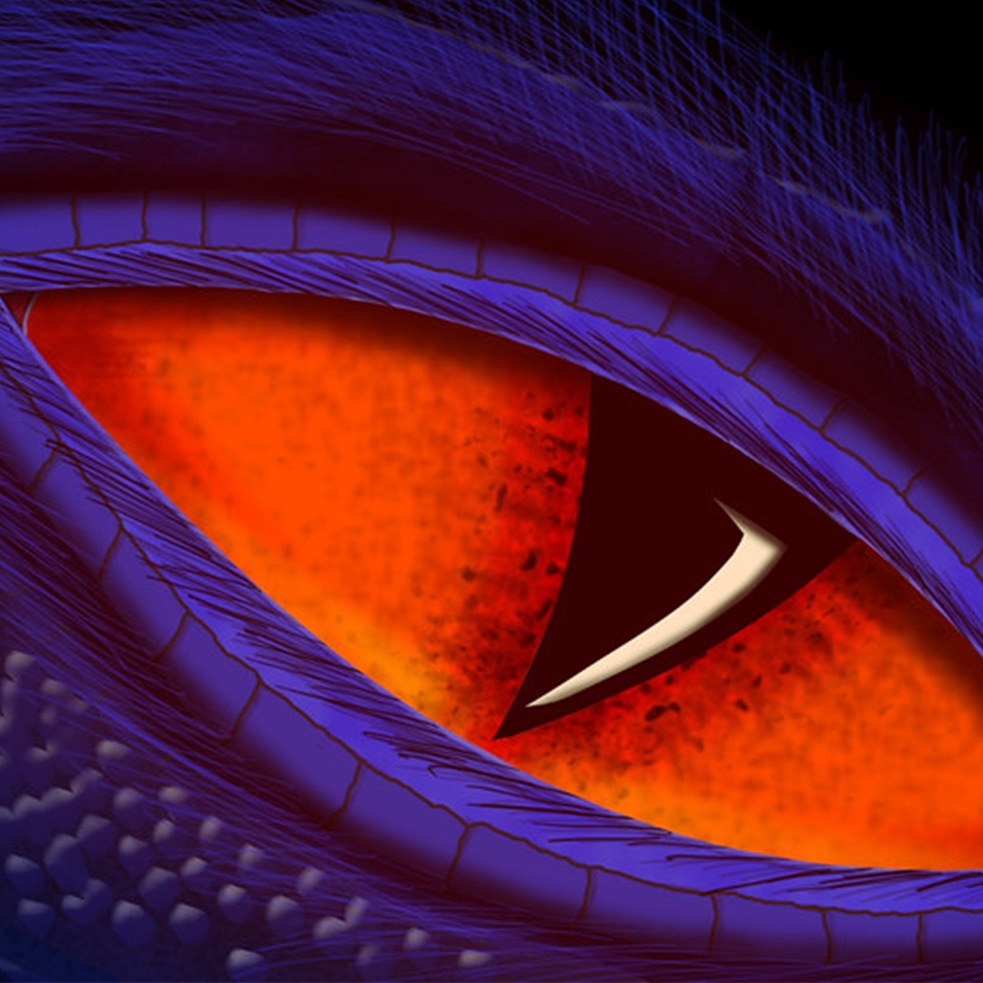 illustration of a purple dragon with a red eye