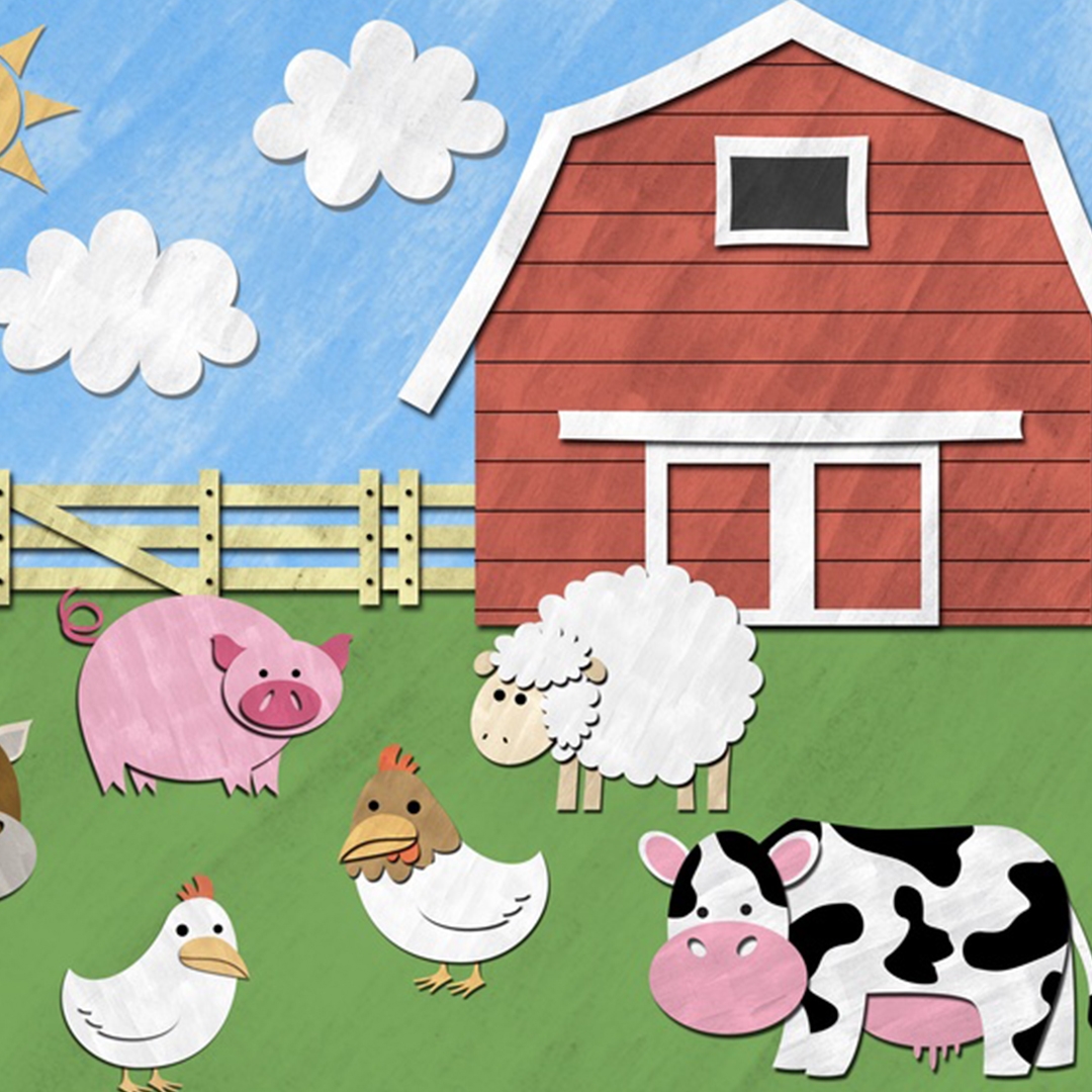 illustration of a red barn with farm animals out front