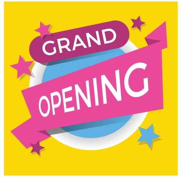 Orange background with "grand opening" written on pink banners