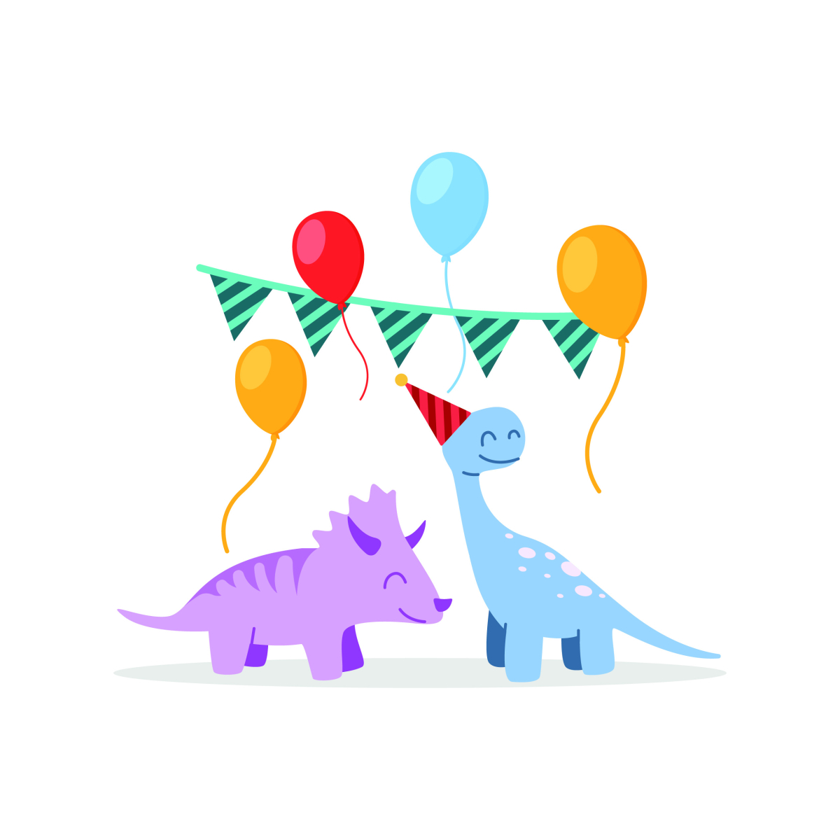 illustrated balloons and dinosaurs wearing party hats